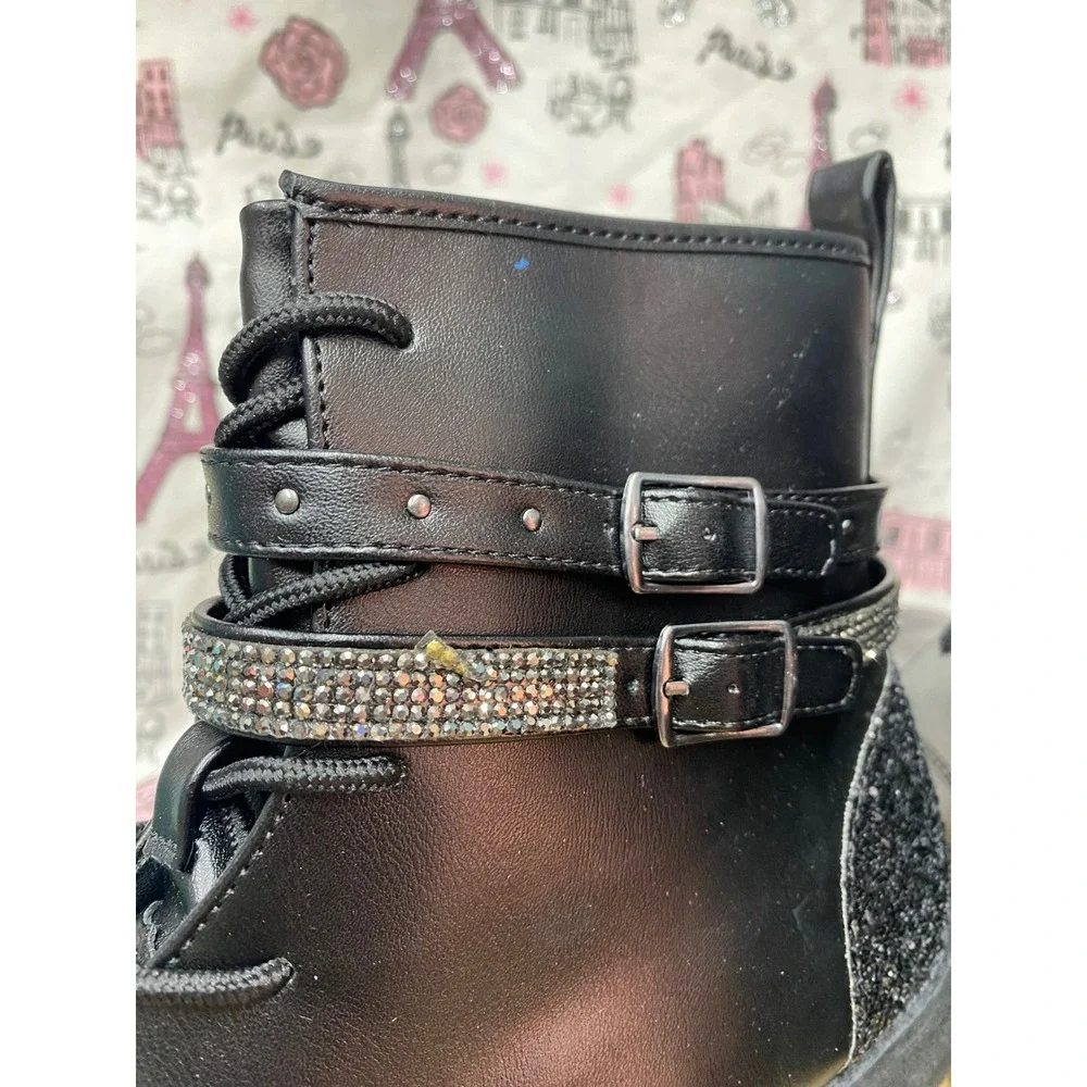 Mix No. 6 Carly Kids Black Glitter Rhinestone Buckle Combat Boots Size 6M New